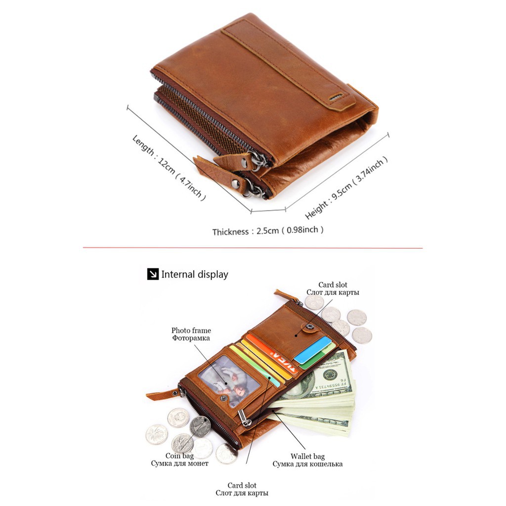 Ví da bò thật có khóa kéo đôi tiện lợi