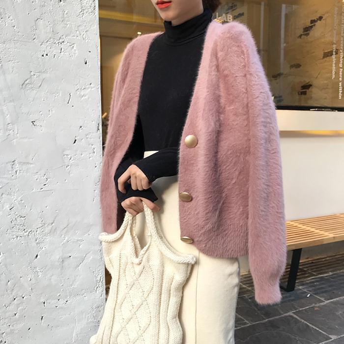 Áo Khoác Cardigan Dệt Kim Lông Chồn Giả Cổ Chữ V Màu Hồng / Trắng / Xanh Lá Nhạt / Xanh Lá Đậm Đính Nút