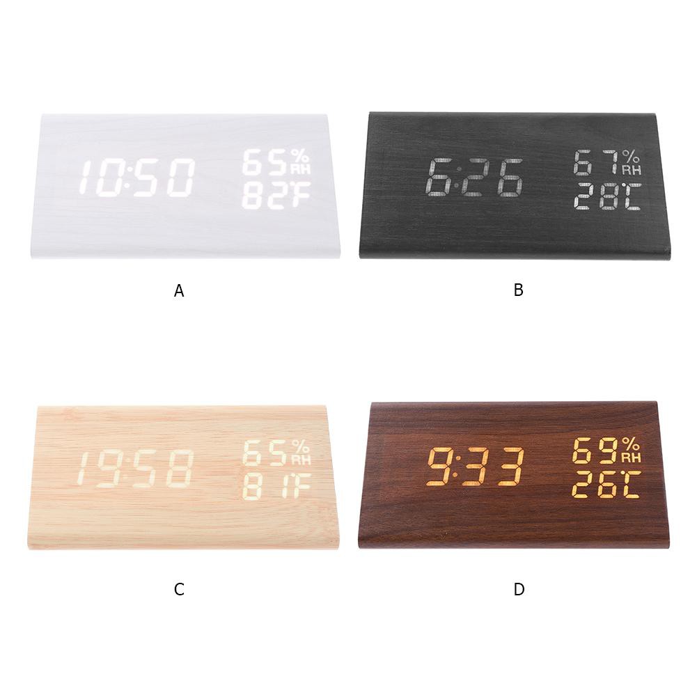 USB Wood LED Sound Control Alarm Clock Thermometer Timer Calendar Display