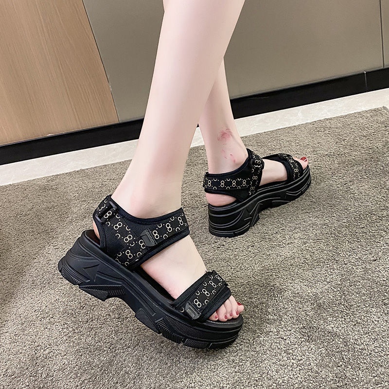 Jiashucheng Giày Sandal Đế Bệt Quai Dán Đính Đá Thời Trang Mùa Hè Dành Cho Nữ