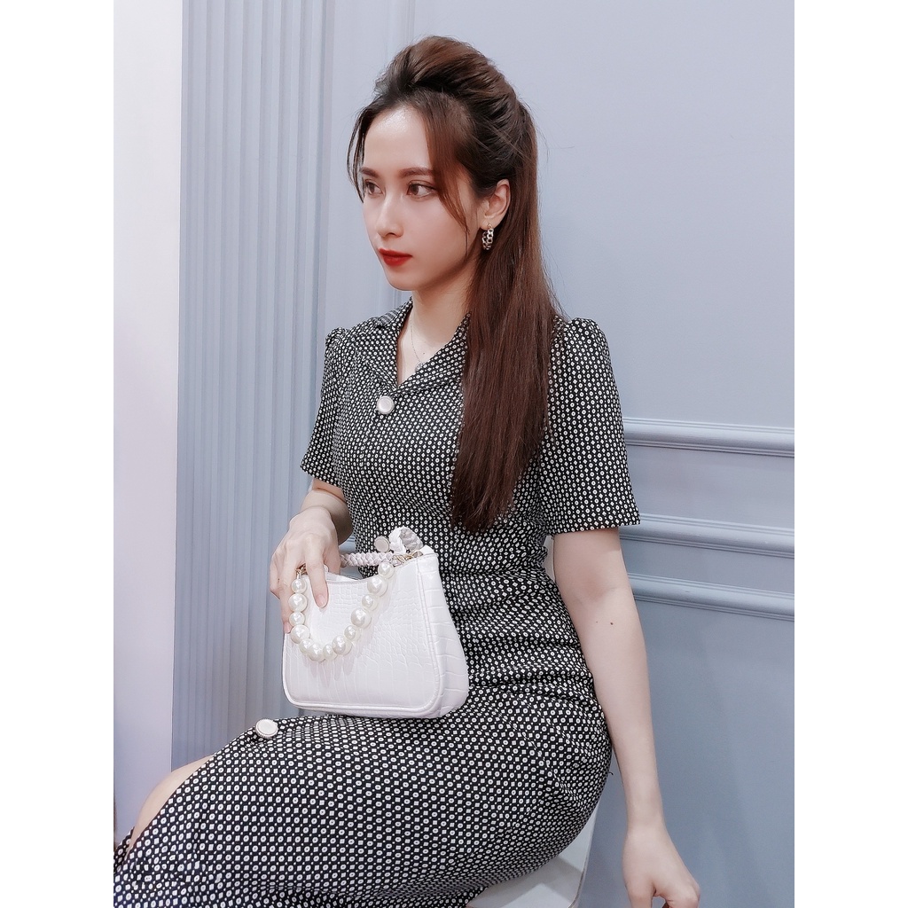 Đầm body cổ vest Da1462 vải co giãn phối cúc