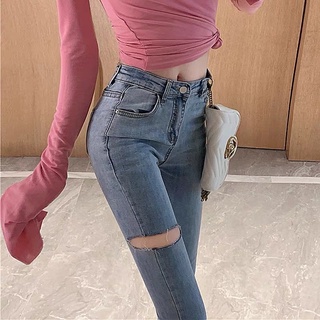 Quần Legging Jean Cotton Nữ Rách Bên Đùi Lưng cao co dãn