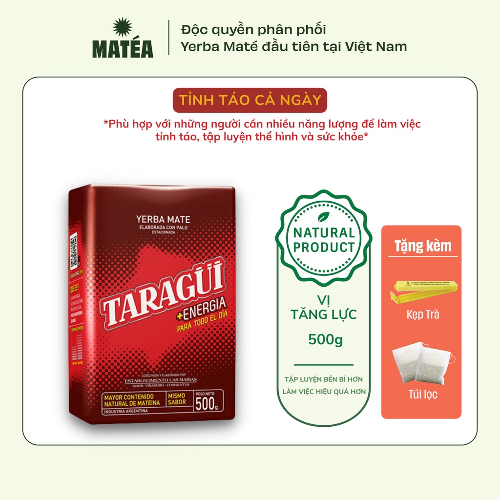Trà Yerba Maté Taragui Energia Vị Tăng lực 500g Tặng kẹp trà + túi lọc trà tái sử dụng ĐỘC QUYỀN
