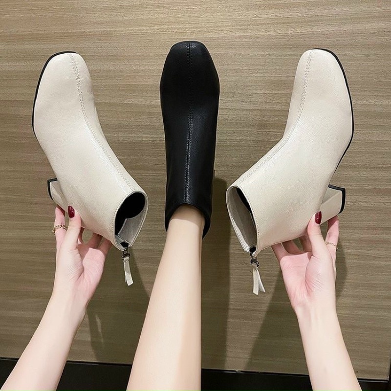 Bốt nữ cổ lửng chất da, Giày Boot Nữ Công Sở Gót Vuông Khóa Sau Da Sần và Da Lì (Dây dài) | BigBuy360 - bigbuy360.vn