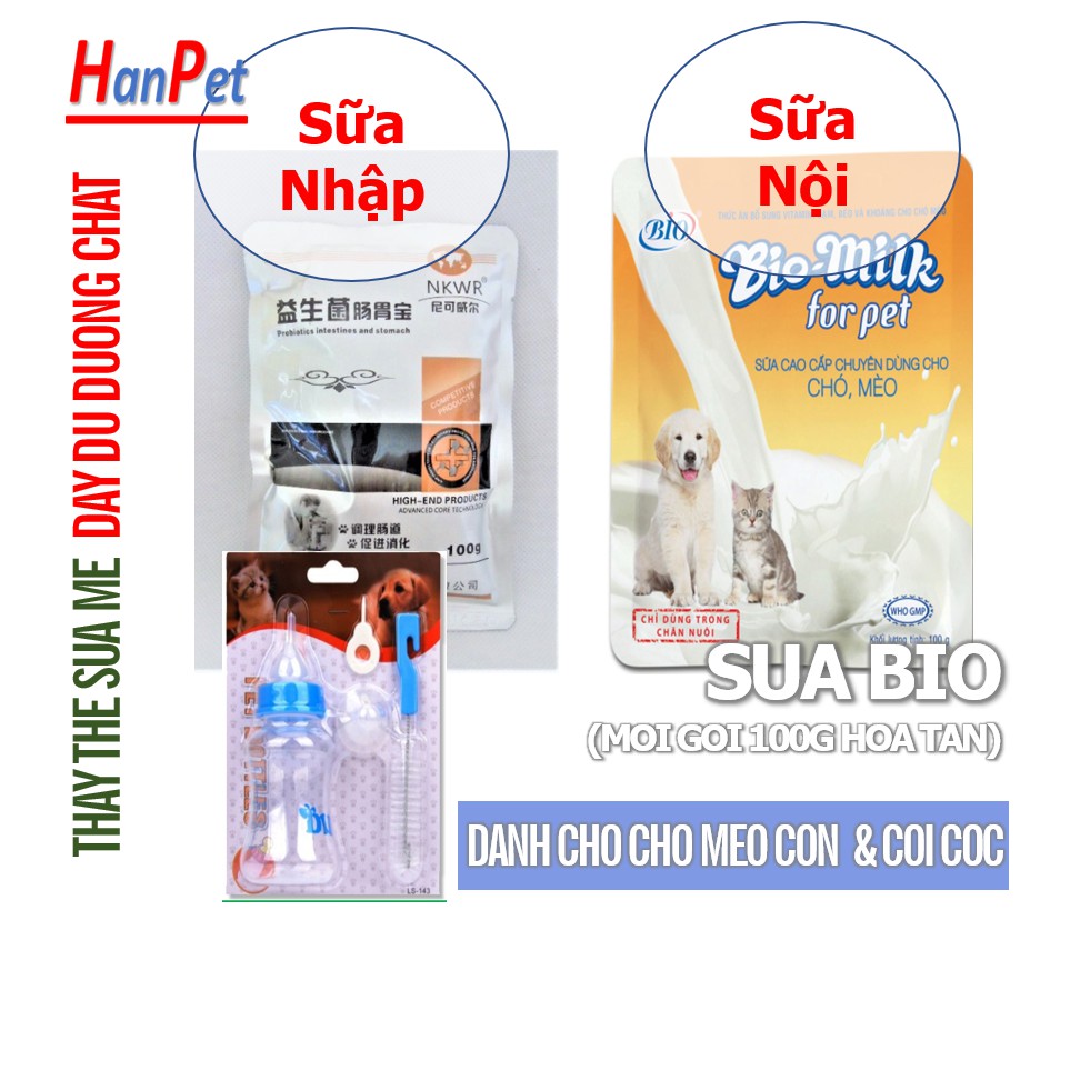 Bình bú & Sữa bio milk 100g (2 loại Biomilk nhập và Việt) dinh dưỡng thú cưng nhỏ thích hợp làm sữa chó mèo sơ sinh