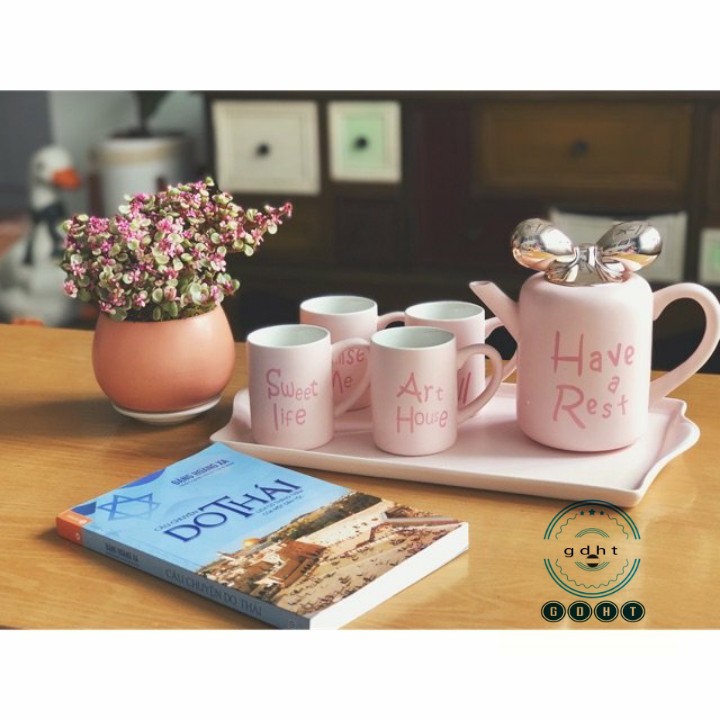 Bộ bình nước hình nơ hồng 4 cốc kèm khay