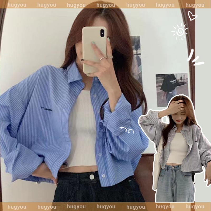 Áo sơ mi lưng cao dáng ngắn thêu họa tiết kẻ sọc dọc thời trang dành cho nữ