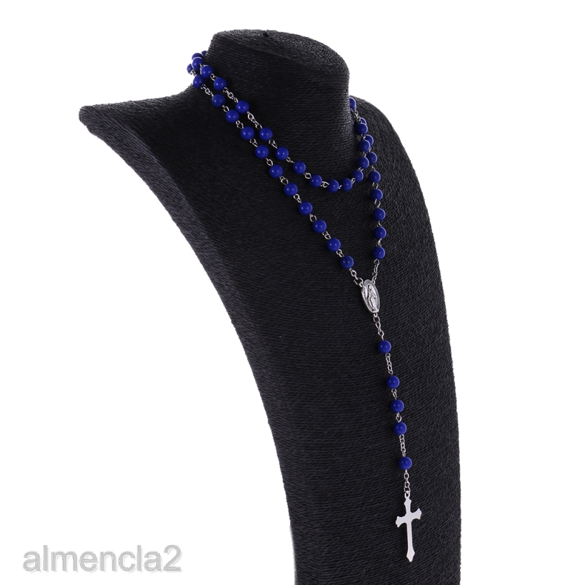 Mens Hip 8mm Bead Rosary Pray Hand Jesus Cross Pendant Necklace Black