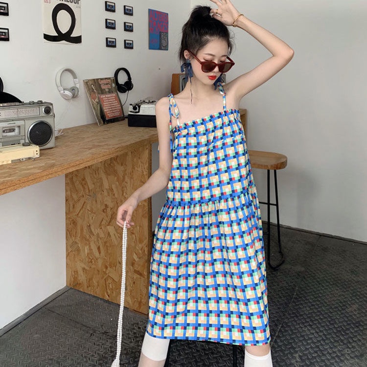 Đầm Hai Dây Dáng Rộng Họa Tiết Sọc Caro Ngọt Ngào Cho Nữ