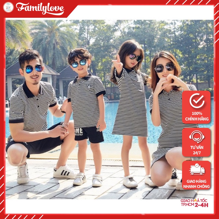 Set Áo Gia Đình Cổ Trụ Familylove - Đồng Phục Gia Đình Có Cổ Sọc Trắng Đen