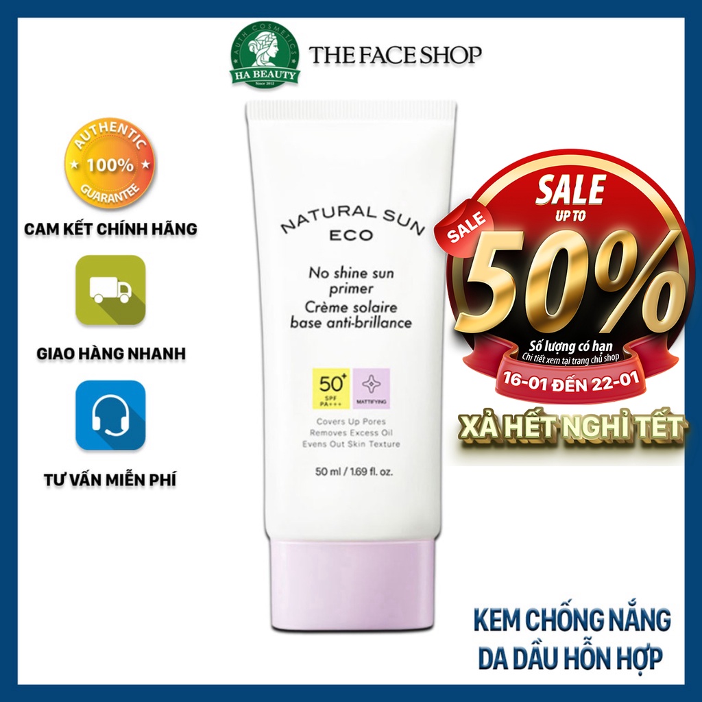 Kem chống nắng trang điểm nâng tone cho da dầu hỗn hợp The Face Shop Natural Sun Eco No Shine Sun Primer SPF50+PA++ 50ml