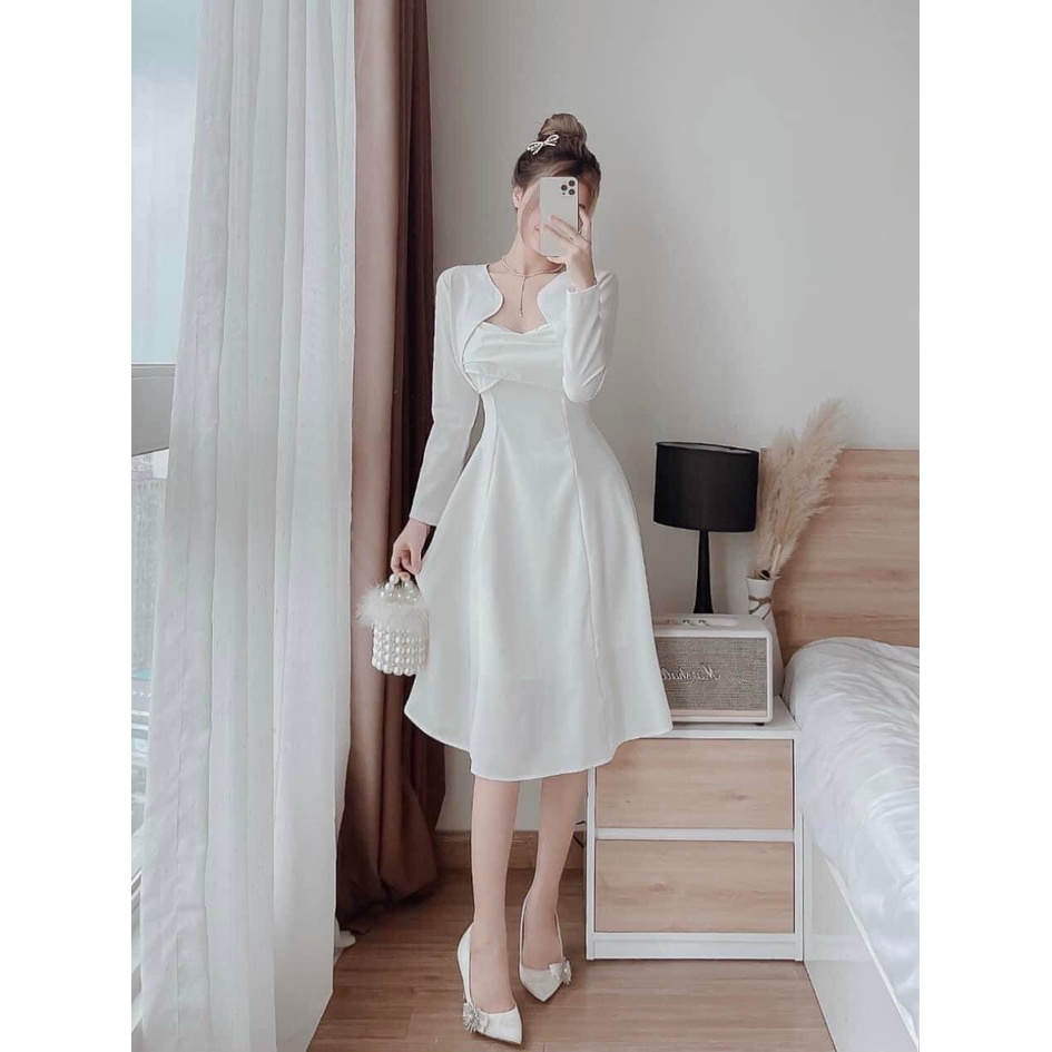 Đầm dáng dài tiểu thư đi dự tiệc cưới, đầm cúp ngực hai dây tôn dáng kèm khoác croptop dài tay