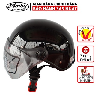 Mũ Bảo Hiểm Nửa Đầu Amby ST05, có kính che nửa mặt, kiểu dáng thời trang cho nam và nữ - Đen Bóng