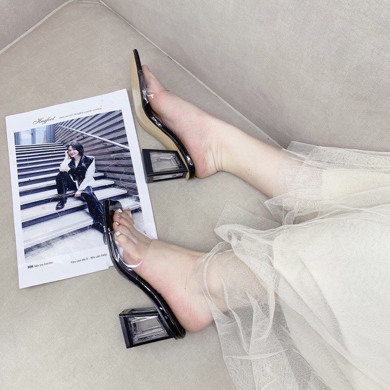 Dép cao gót nữ 5cm quai ngang trong đế vuông thời trang hở mũi xỏ ngón đẹp