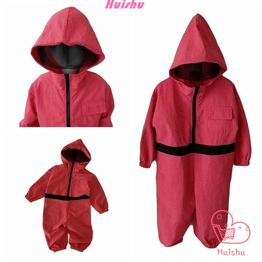 Bộ áo liền quần phong cách Squid Game màu đỏ trang phục cosplay cho bưa tiệc Halloween thời trang cho trẻ em