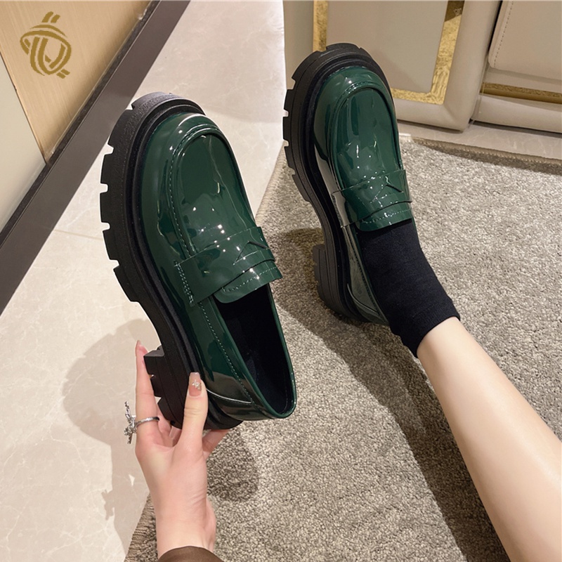 New round-headed British style patent leather thick heel high-cut Japanese loafers