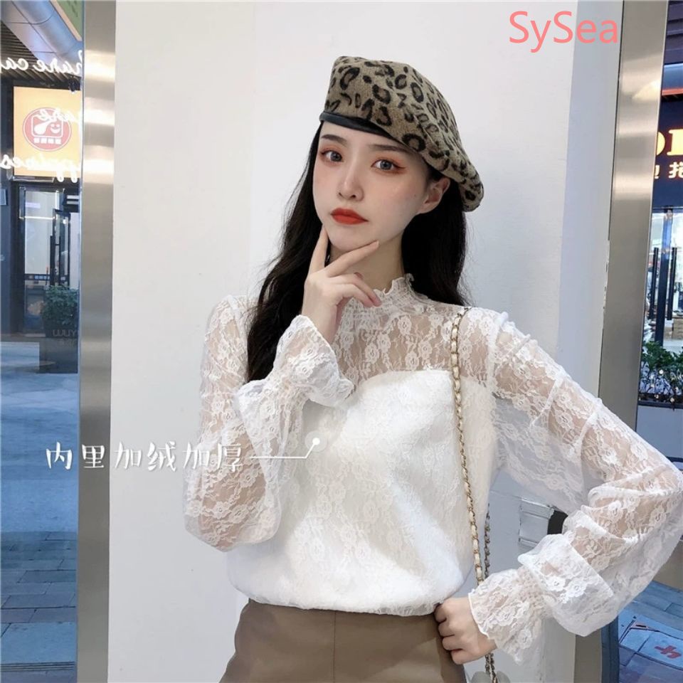 Áo nhung dài tay phối ren thời trang cho nữ