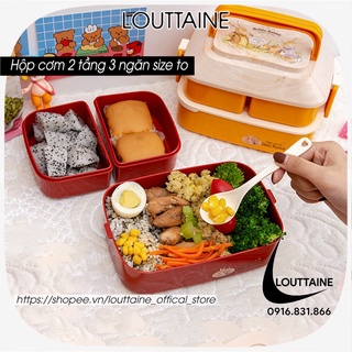 Hộp đựng cơm 2 tầng 1000ml nhựa PP cao cấp có quay xách kèm thìa, hộp đựng cơm văn phòng, đi học đi làm tiện lợi