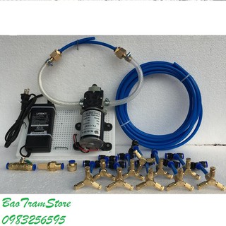 Bộ máy phun sương tưới cây tự động 10 béc đồng 3 hướng dùng máy bơm tăng áp mini 12v 65w FL3203