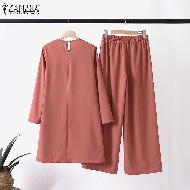 Bộ đồ hai mảnh Zanzea gồm áo tay dài và quần dài ống rộng màu trơn thiết kế đơn giản thời trang cho nữ