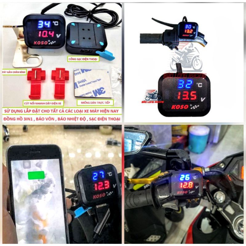 BỘ ĐỒNG KOSO 3IN1 GẮN XE MÁY BÁO NHIỆT ĐỘ +SẠC ĐIỆN THOẠI MẪU MỚI CỰC CHẤT ĐỒ CHƠI XE MÁY
