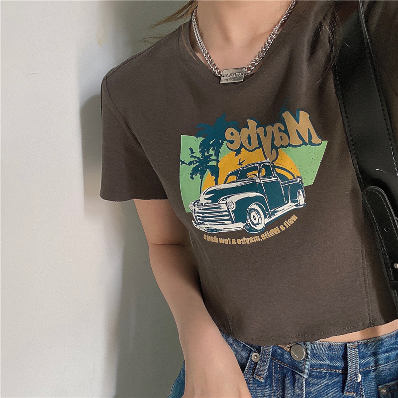 Áo Croptop Ngắn Tay In Hình Phong Cách Hàn Quốc Năng Động