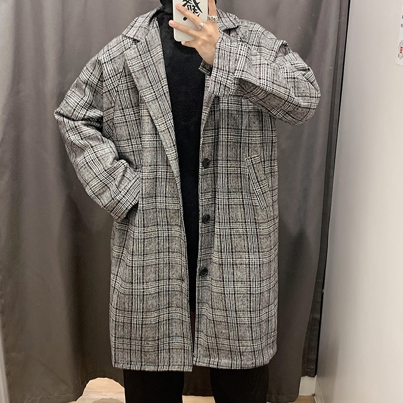 Áo dạ nam dáng dài, áo choàng nam khoác ngoài sọc caro thời trang Ulzzang Hàn Quốc