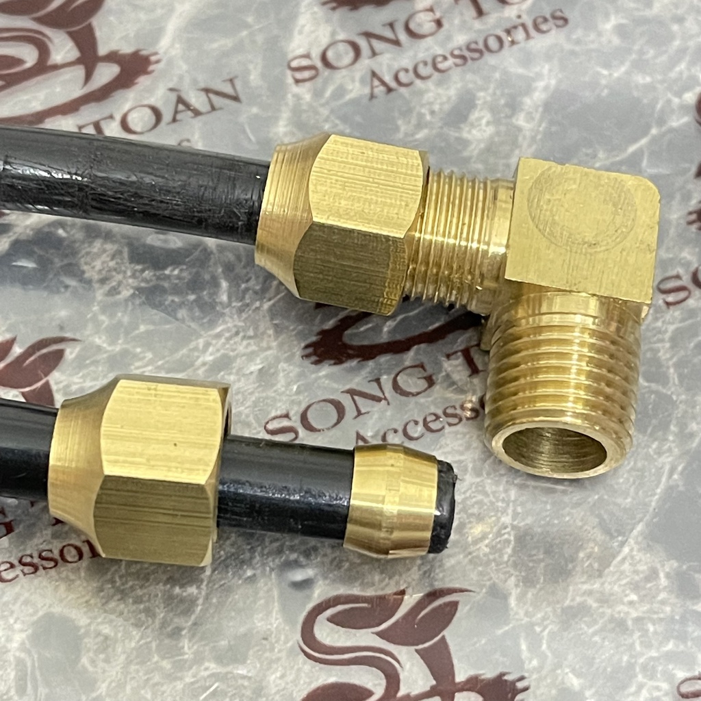 Co Hai Đầu Nối Ống Nhựa & Đồng - Bằng Cách Dùng Nón Xiết Hạt Bắp & Nhẫn - Ren Mịn Cong 90 Độ Brass Compression Fitting