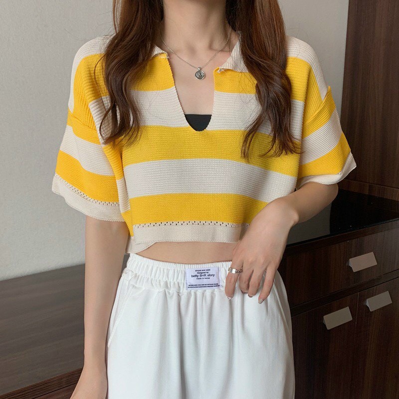 [HCM][FREE SHIP] áo croptop tay ngắn cổ bẻ phối sọc hai màu chất len dày dặn lên form trẻ trung xinh xắn ❤️⭐️❤️sa035