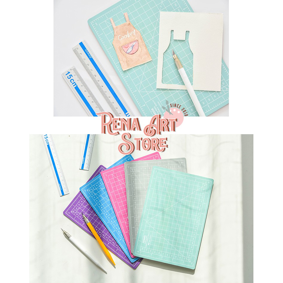 [RENA] Bảng cắt cutting mat (cắt giấy, cắt washi, làm đồ thủ công trang trí) kèm dao cắt tỉa và thước đo