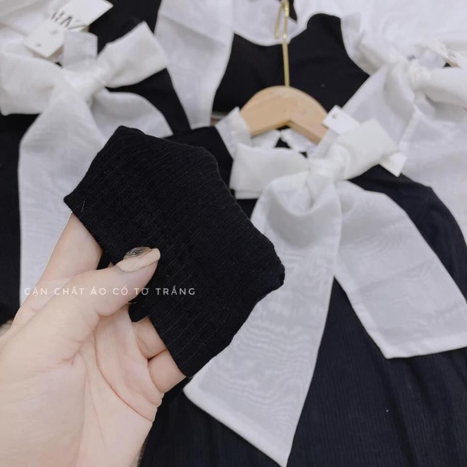 ÁO LEN TĂM NỮ DÀI TAY ĐEN CỔ NƠ TRẮNG HÀN QUỐC (ẢNH THẬT SHOP CHỤP) | BigBuy360 - bigbuy360.vn