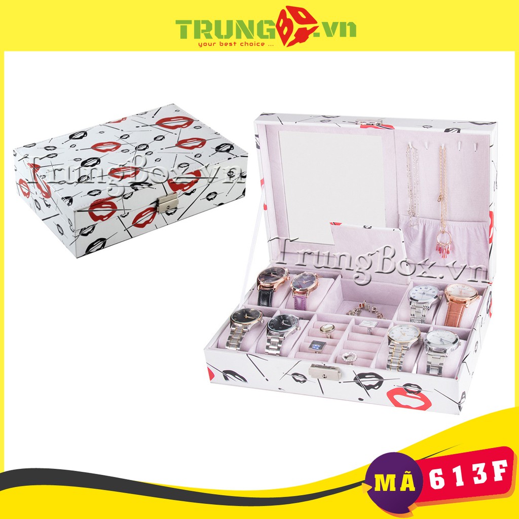 Hộp Đựng Đồng Hồ và Trang Sức Vỏ Da Họa Tiết Kiss Me - Mã 613F