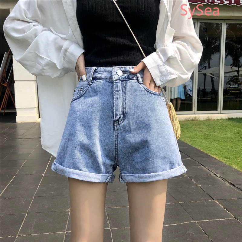 Quần đùi denim lưng cao ống rộng phong cách mùa hè Hàn cho học sinh kèm dây nịt