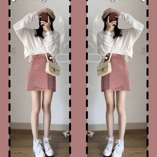Set croptop trắng và chân váy da hồng ullzang