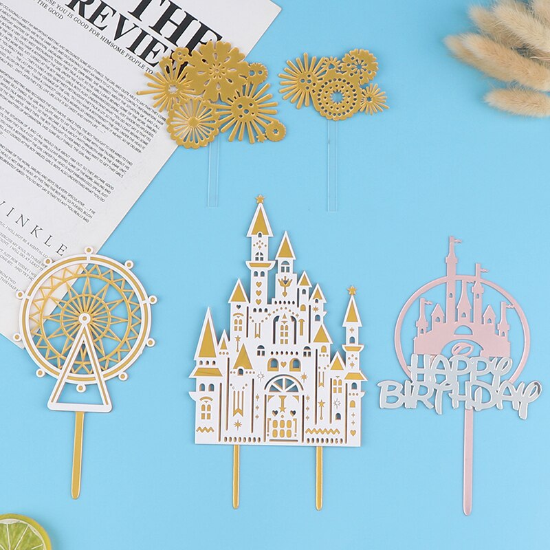 Que Cắm Trang Trí Bánh Kem Hình Lâu Đài &amp; Pháo Hoa Bằng Acrylic