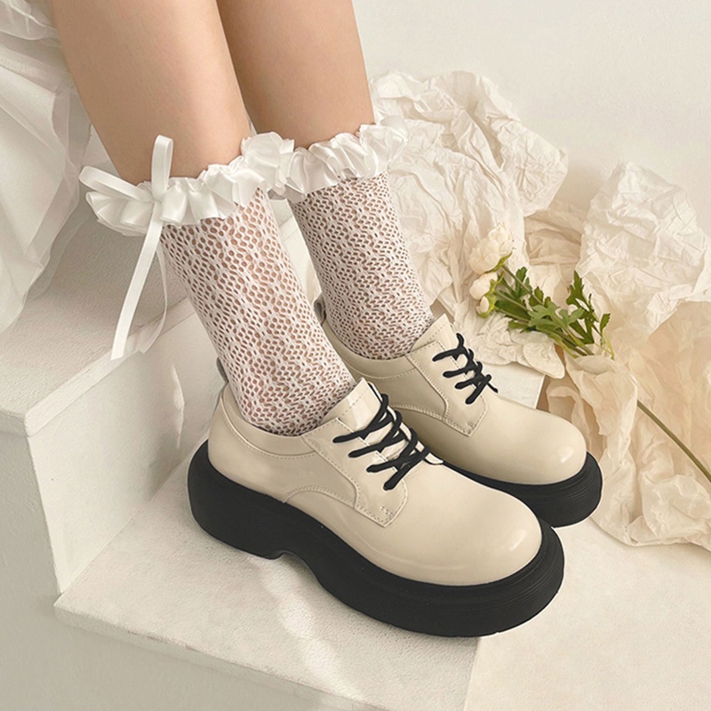 Vớ lưới ống cao vừa phối bèo thắt nơ ruy băng bằng vải satin phong cách Lolita Nhật Bản ngọt ngào cho nữ