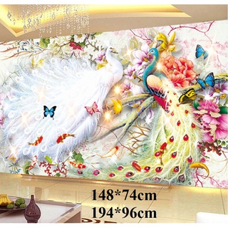(KHO SỈ) Tranh thêu chữ thập chim công phu thê viên mãn 1m48 và 194cm thêu kín
