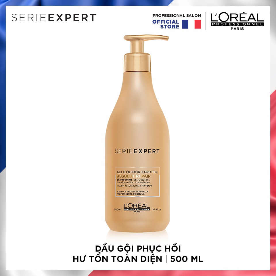 Combo dầu gội, hấp dầu và xịt dưỡng đa năng 10in1 chống nhiệt Loreal Gold Quinoa + Protein Absolut Repair 500ml