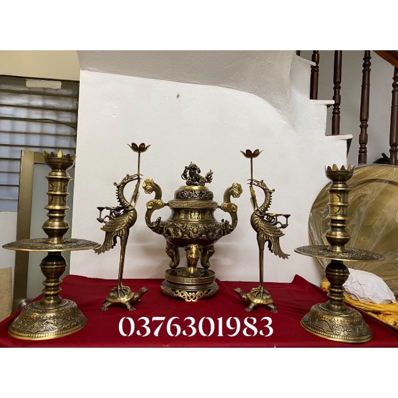 Bộ đỉnh thờ lư thờ rồng ngũ sự song long hàng đúc thủ công 50cm . Bộ đồ thờ đỉnh đồng thờ cúng cao cấp