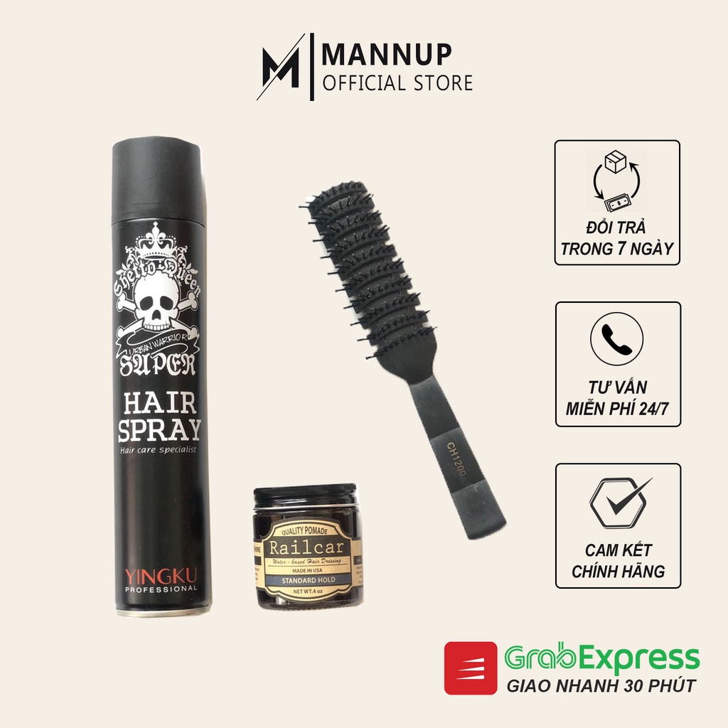 Combo Wax Railcar Pomade + Keo Xịt Tóc Hair Spray + Lược Tạo Kiểu Tóc Chaoba CH1200 - Hàng Chính Hãng