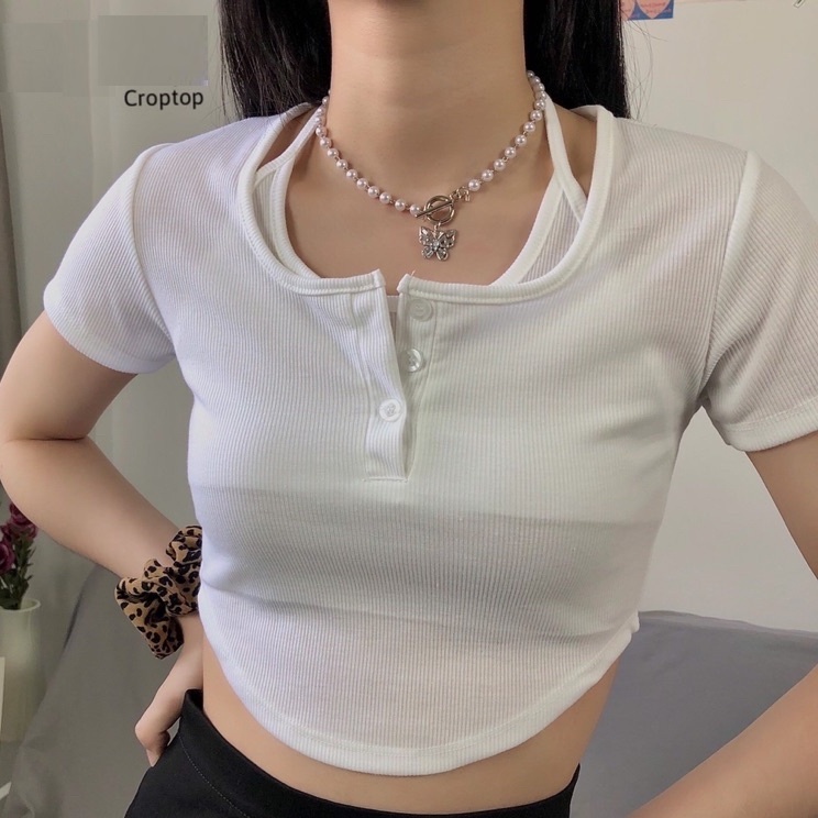 Áo croptop nữ ngắn tay cổ giả yếm Xinh 24 - Áo Kiểu Nữ ôm body Vạt Bầu Chất Thun Gân Mềm Mịn | BigBuy360 - bigbuy360.vn