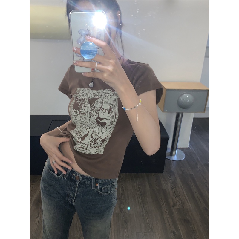 Áo Thun Ngắn Tay In Họa Tiết Phong Cách retro Mỹ Cho Nữ