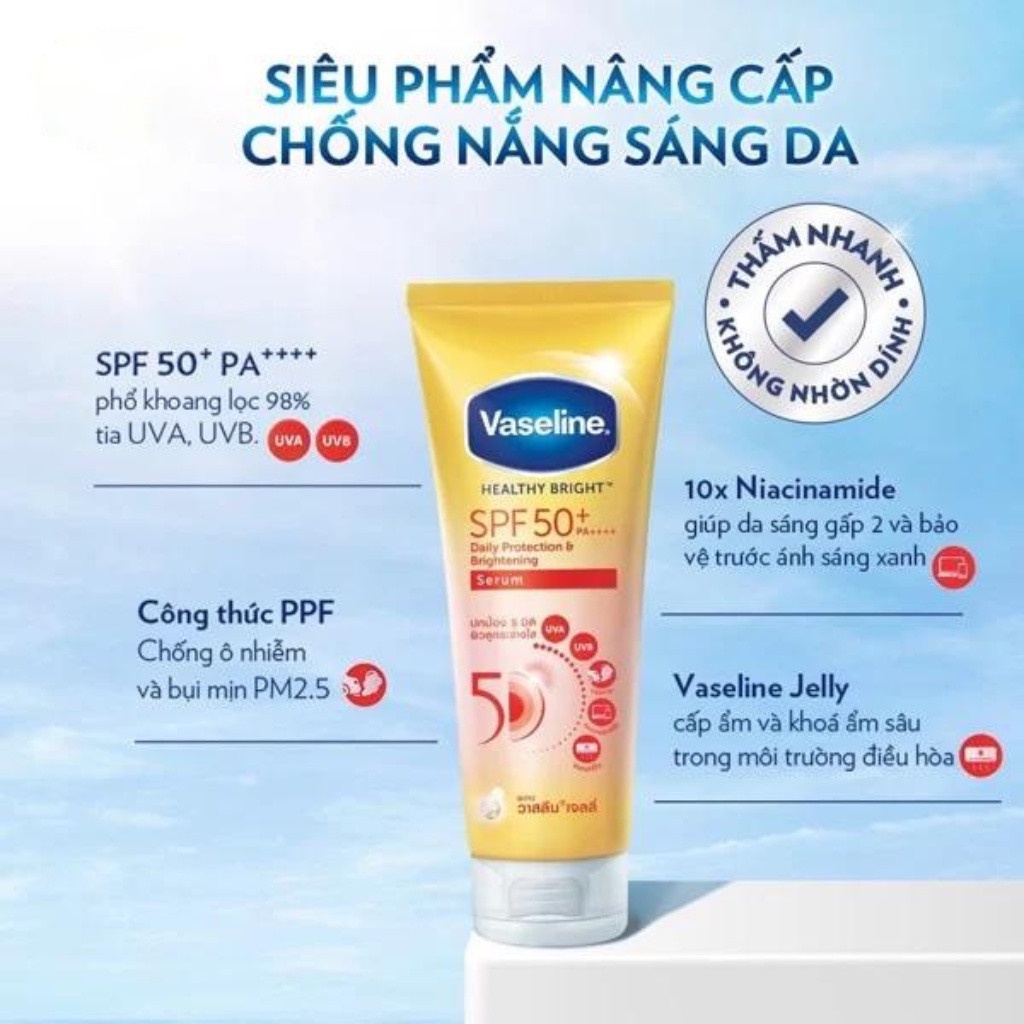 Dưỡng Thể Vaseline Healthy Bright Serum 50x SPF50+ 300ml + Viên Kích Sáng Da Ngày - Đêm