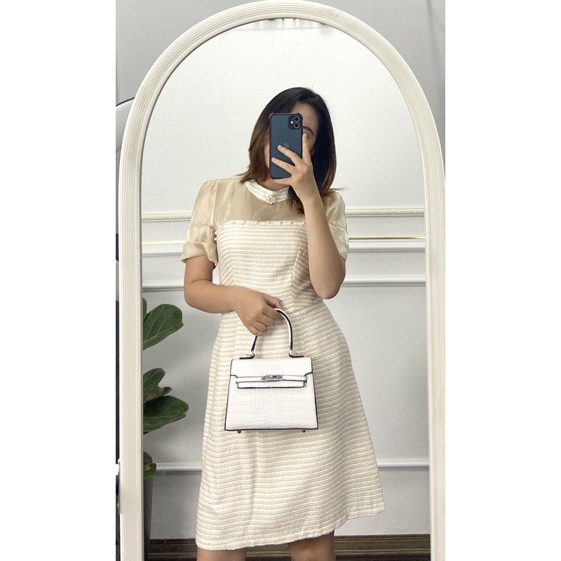 7411 Váy Đầm Suông Dạ Tweed Cổ Tròn Phối Tơ | BigBuy360 - bigbuy360.vn