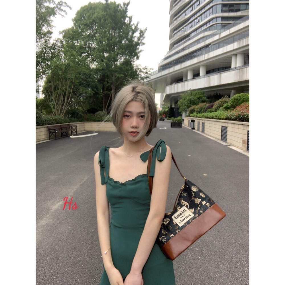 [ ẢNH THẬT + VIDEO+ GIÁ RẺ ] Váy bèo buộc dây vai màu xanh như ảnh