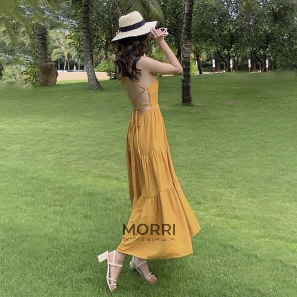 Đầm Đi Biển - Váy Đầm Maxi Dài Dáng Xòe Hai Dây Cổ Vuông Đan Dây Thiết Kế Siêu Xinh