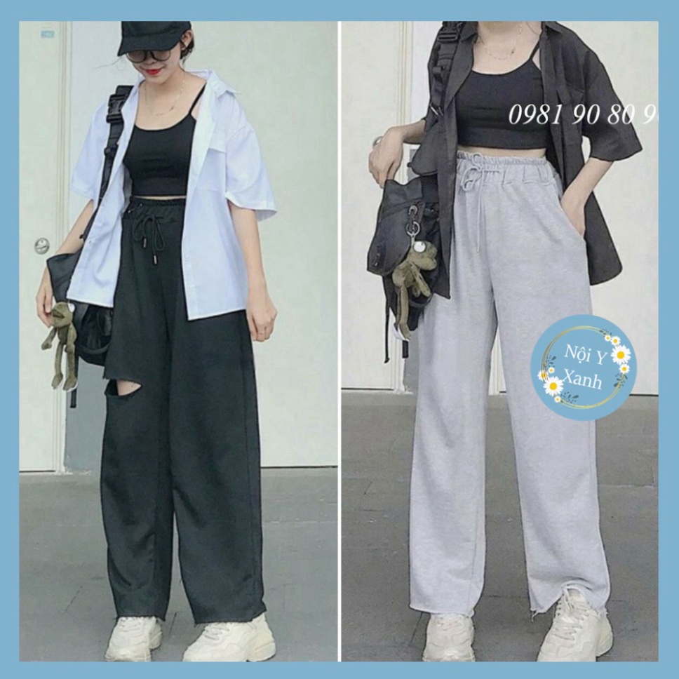 quần ống rộng nữ cạp chun lai tưa chất da cá - Quần Nỉ Thun Ống Rộng Nam Nữ Unisex ZADOLA