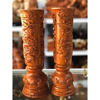 Lọ cắm nến, để đèn cầy bàn thờ gỗ hương nguyên khối đục rồng cao 30cm x9cm (1 cái)