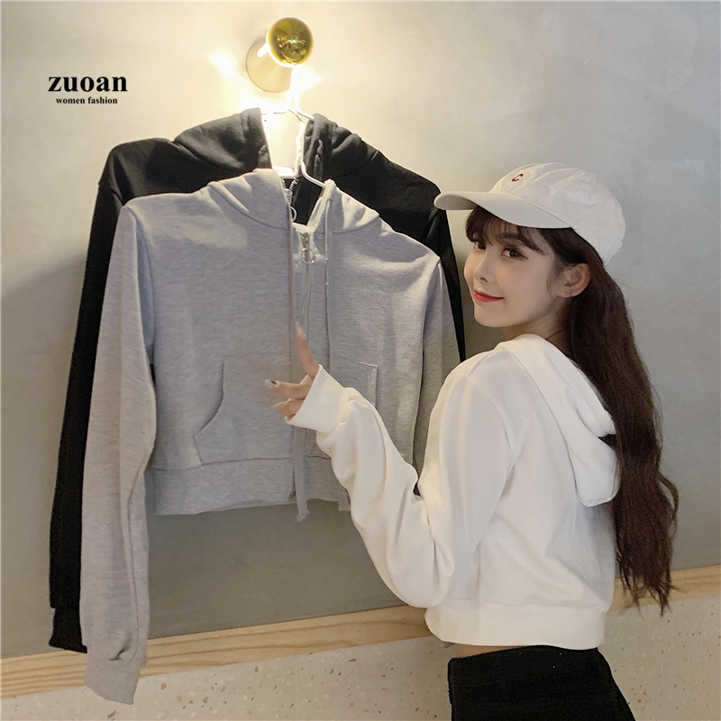 SUXI Áo khoác sweater ngắn mỏng dáng rộng phối khóa kéo phong cách mùa thu cá tính cho nữ