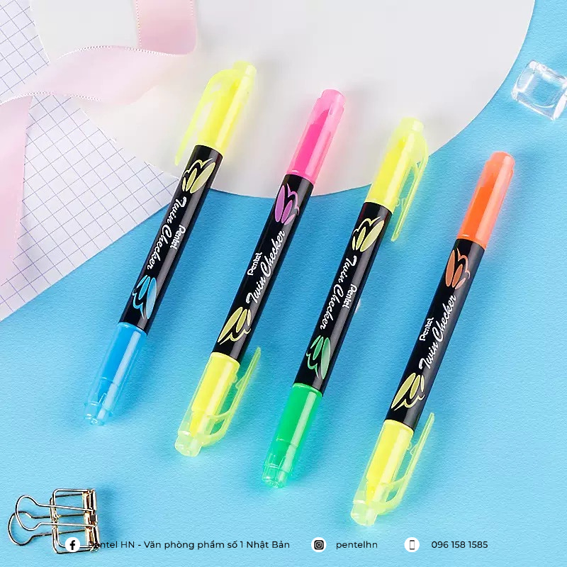 Bút Nhớ Dòng 2 Đầu Pentel SLW8 | Thiết Kế Độc Đáo Với Hai Màu Mực Dạ Quang Tiện Lợi | Màu Dạ Quang Tươi Sáng Rõ Nét